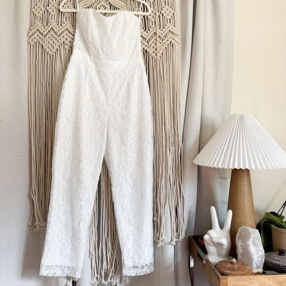 Lulus White Lace Strapless Jumpsuit – Size M | Bachelorette, Summer Bride - Picture 1 of 7